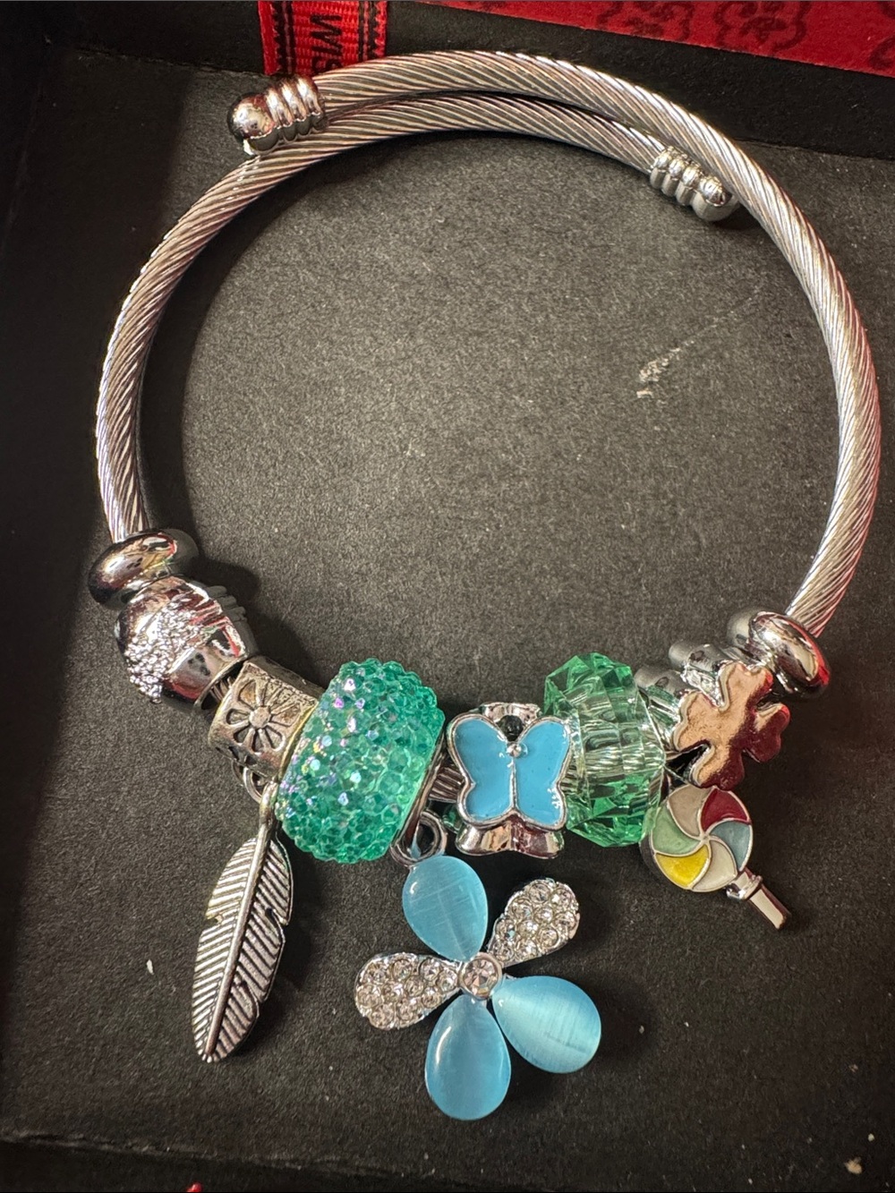 Silver-Tone Charm Bracelet with Turquoise & Green Accents